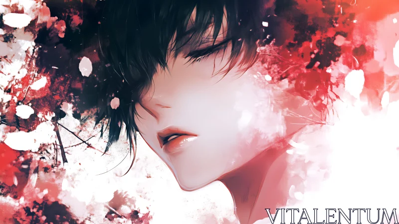 Dreaming profile amid scarlet splashes and pale light.