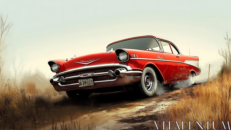 Classic red Chevy Bel Air powers through a dusty country road.
