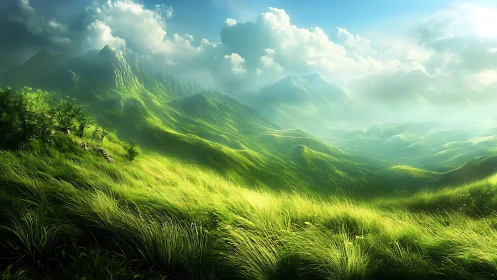 Sunlit green mountains roll gently into a dreamy horizon