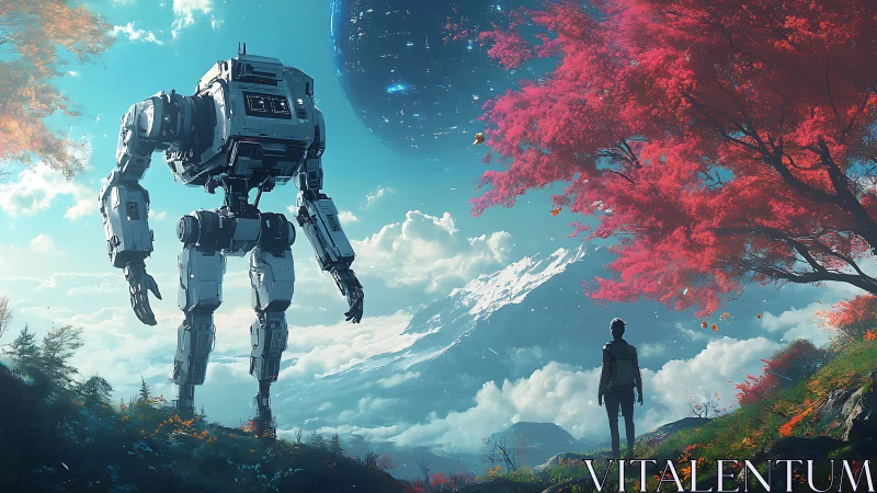 Humanoid exploration mech with figure under crimson alien tree