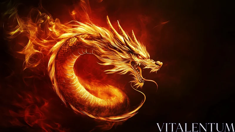 Fiery golden dragon swirling through shadows with bold grace.
