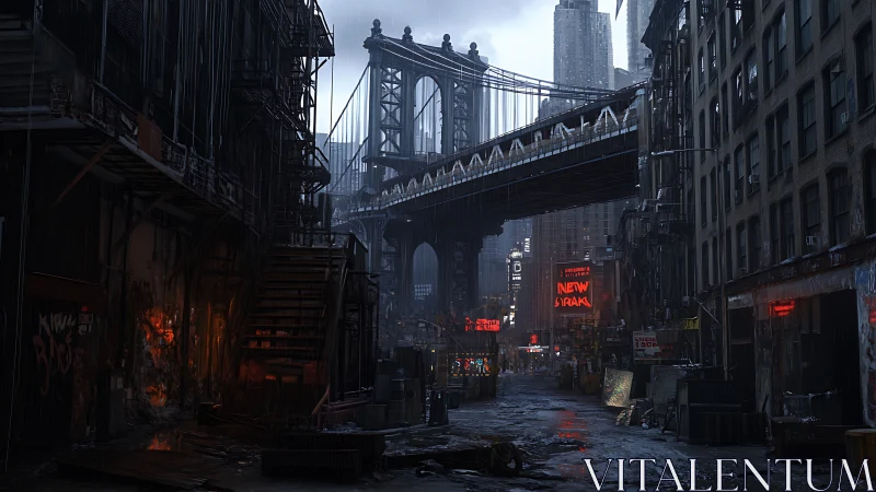 Rain-soaked cyberpunk underpass with neon-lit Brooklyn bridge