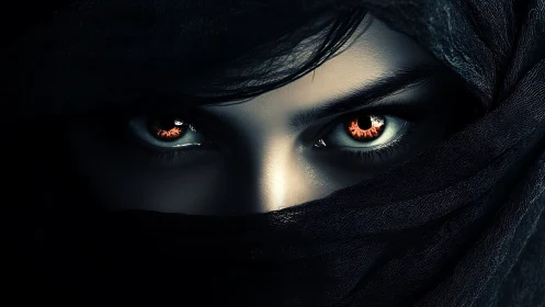 Veiled gaze with glowing ember eyes in dark shroud.