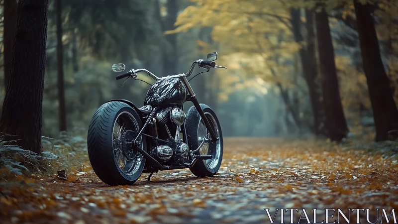 Custom motorcycle waiting on a quiet golden forest road.