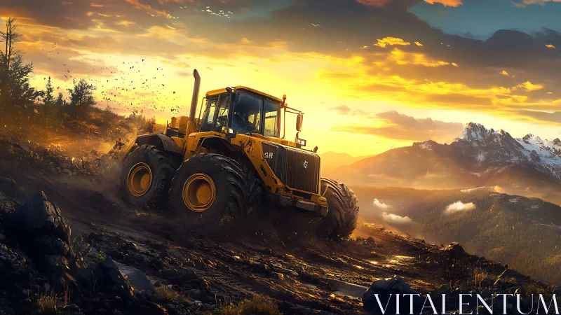 Sunrise bulldozer rumbles heroically across molten mountain mud