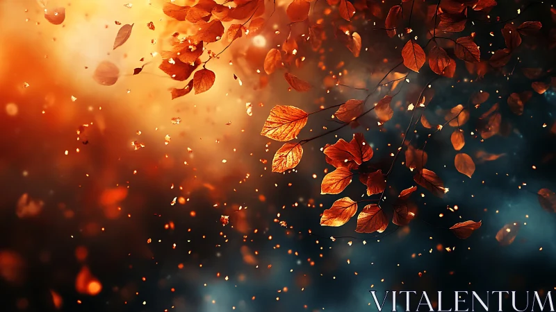Volumetric autumn foliage suspended in cinematic bokeh field.