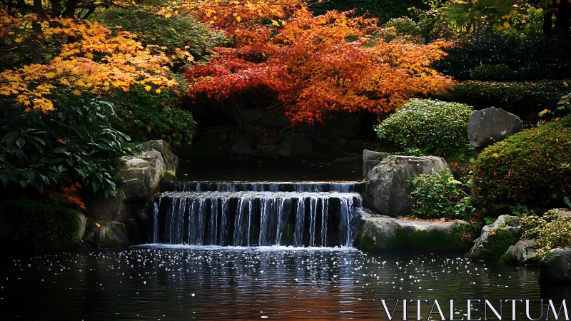 Calm garden waterfall framed by bright autumn foliage.