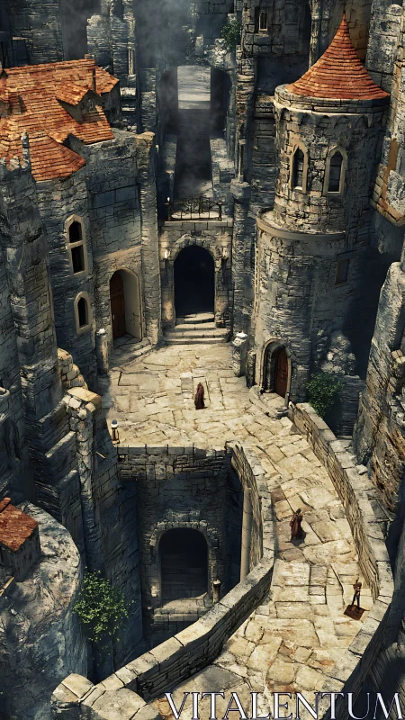 Stone fortress passage with towers, arches, and figures.