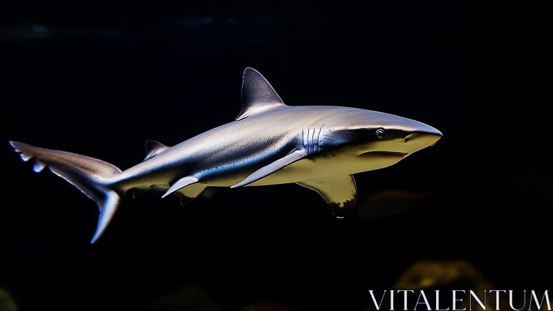Curious silver shark gliding through a calm midnight sea.
