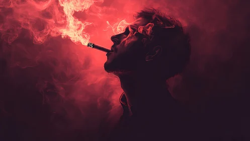 Backlit male smoker silhouette in vivid red vapor haze