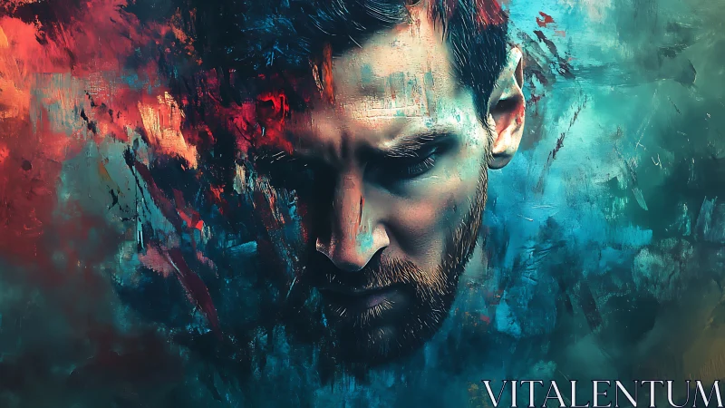 Brooding painted portrait glows within bold swirling color