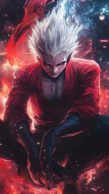 White haired figure in red robe amid red and blue energy field.
