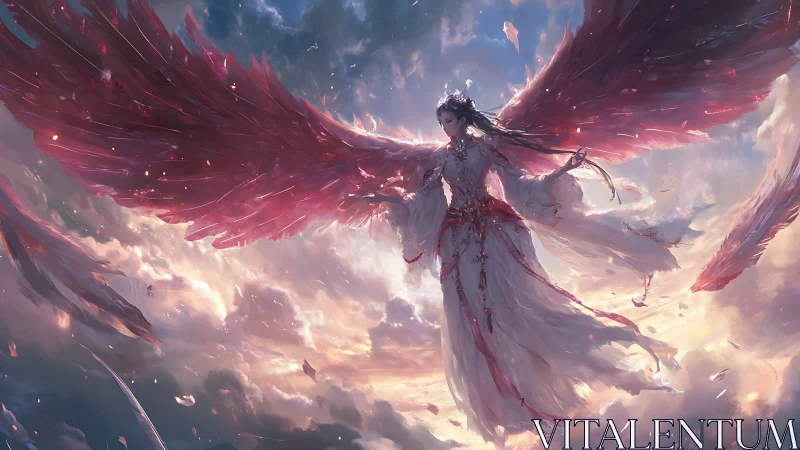 Winged woman in flowing white dress over glowing clouds.