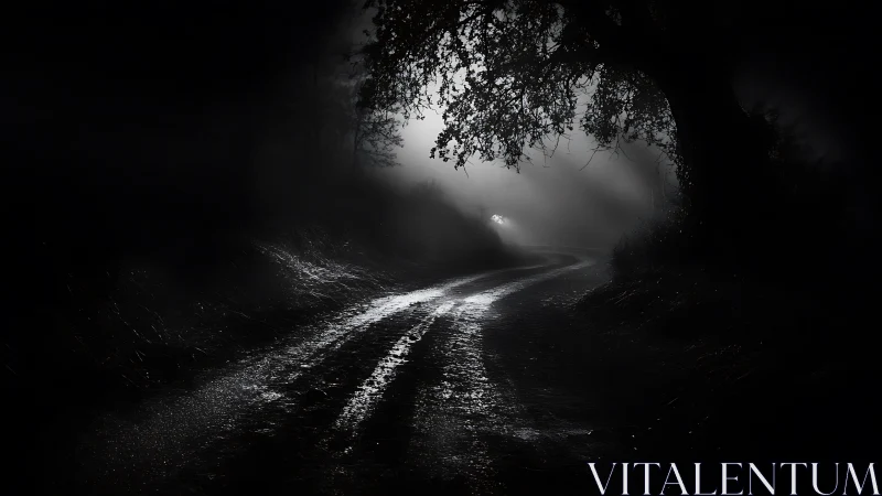 Moonlit dirt road curls into mist beyond the shadowed trees.