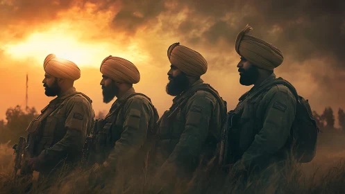 Four turbaned soldiers standing in line at fiery sunset.