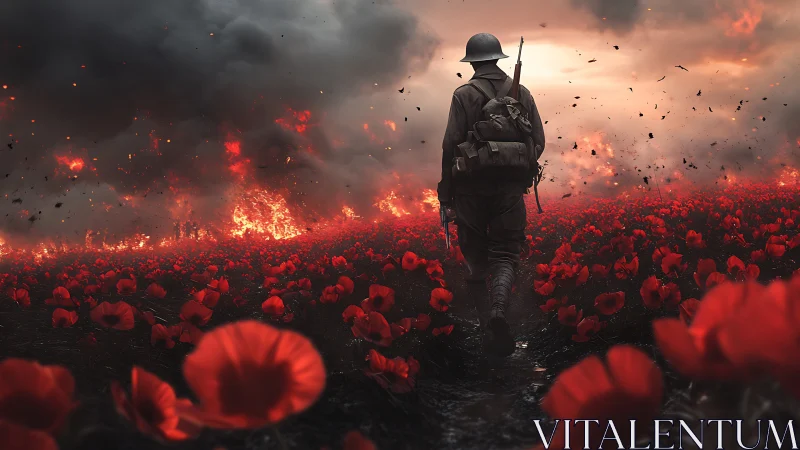 Solitary soldier crossing blazing poppy battlefield at dusk.