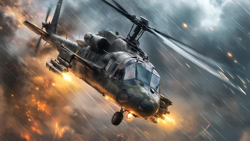 Storm-swept combat helicopter racing through blazing skies.