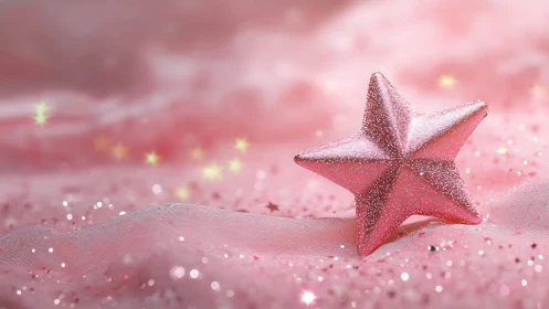 Glittered pink five pointed star ornament on soft bokeh fabric