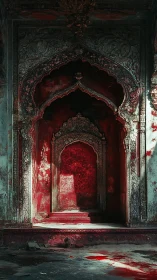 Blood-red ruined archway glows in haunted sacred chamber