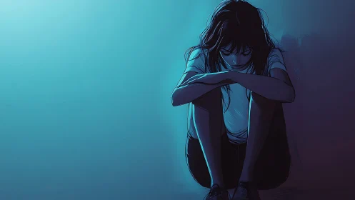 Sad girl sits alone in blue light, arms wrapped tight
