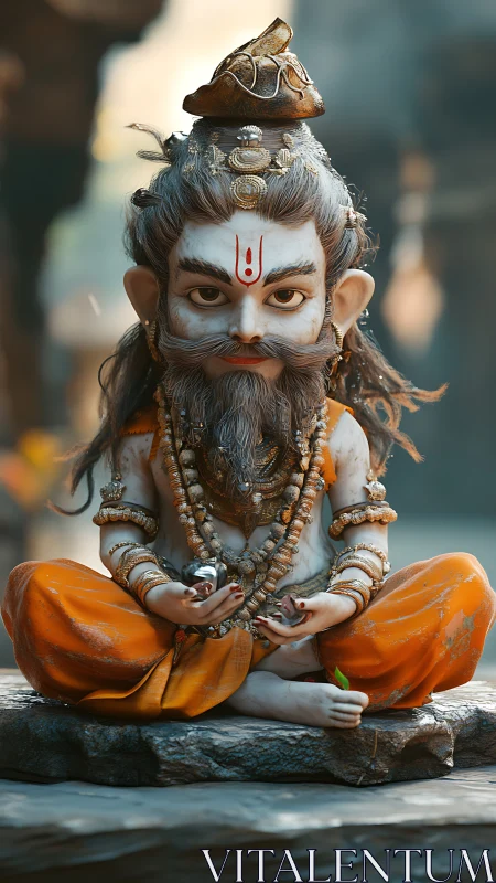 Hyperreal chibi sage figurine in orange robes meditative pose