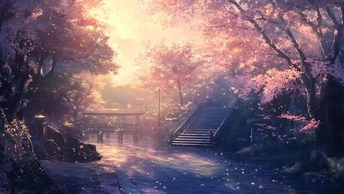 Sunlit cherry blossom path embraces tranquil stone bridge.