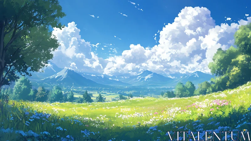 Sunlit wildflower valley beneath drifting summer clouds.