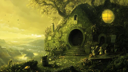 Moonlit hobbit cottage overlooking misty river valley.