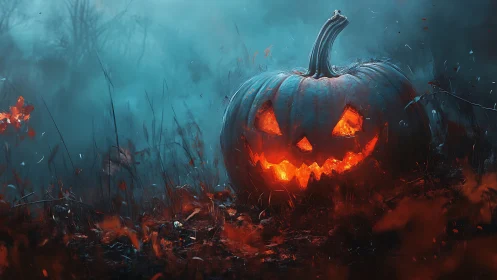 Glowing jack-o-lantern grinning in a misty autumn forest.