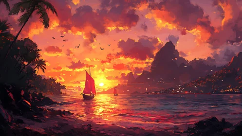 Sailing into molten skies over a fiery tropical horizon.