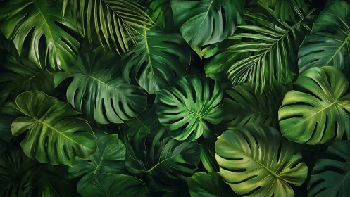 Dense overlapping monstera and palm foliage in deep greens