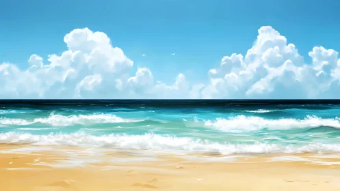 Digital seascape depicts shoreline, waves, and cumulus clouds