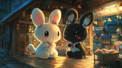 Pastel bunny mascots at lantern-lit wooden street market.