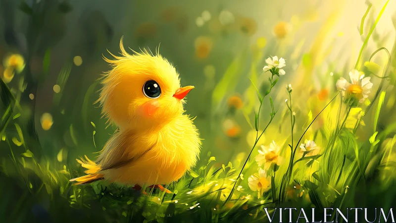 Sunlit baby chick gazes at glowing meadow wildflowers