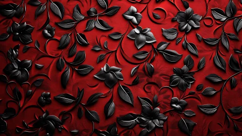 Three-Dimensional Floral Relief Pattern with Dimensional Black Botanical Elements on Deep Red Textur
