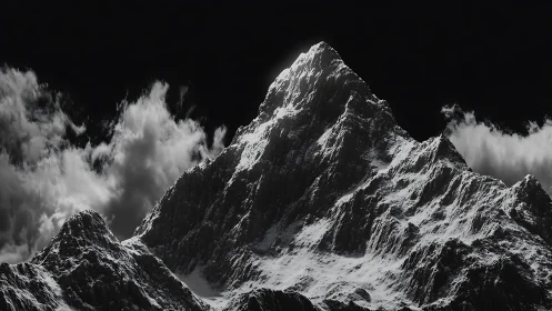 Moonlit summit rising through stormswept winter clouds.