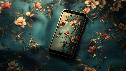 Blossom-lit smartphone dreaming on teal silk garden surface.