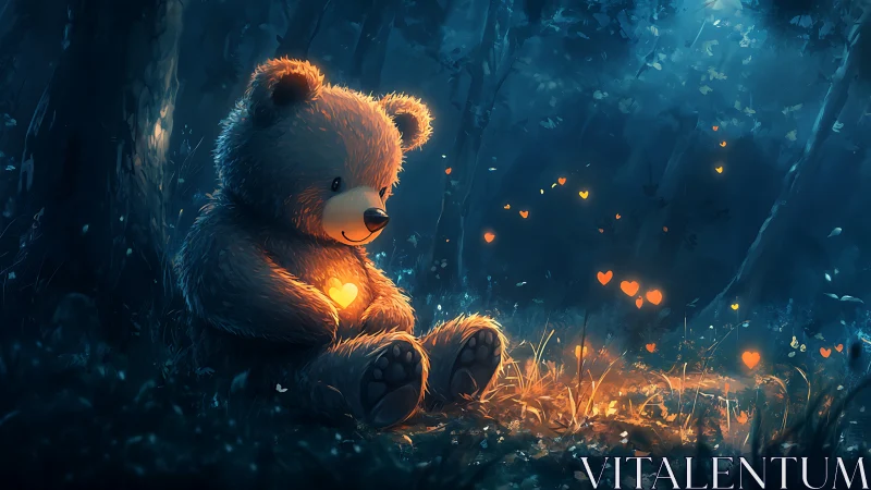 Enchanted teddy bear in moonlit forest with glowing hearts.