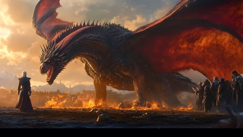 Armored fire dragon confronts cloaked warriors at dusk