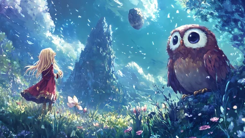 Young girl meets giant owl in a glowing fantasy meadow