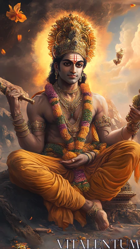 Radiant Hindu deity sits in calm meditation among soft clouds