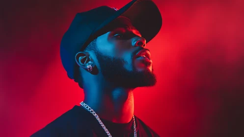 Portrait captures man in cap under vivid red blue lighting