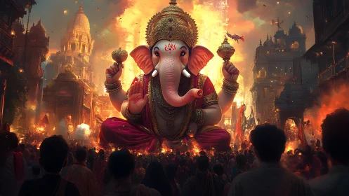 Majestic Lord Ganesha ascends above a fiery festival city