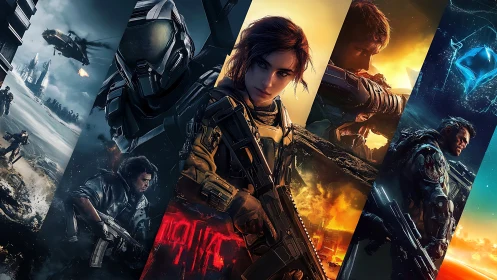 High-contrast sci-fi soldiers arranged in segmented cinematic panorama