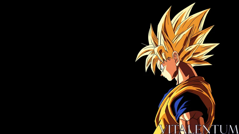 Profile view of spiky haired anime warrior on black background.