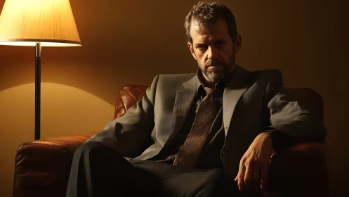 Moody low-key portrait of suited man in leather chair, lamplit