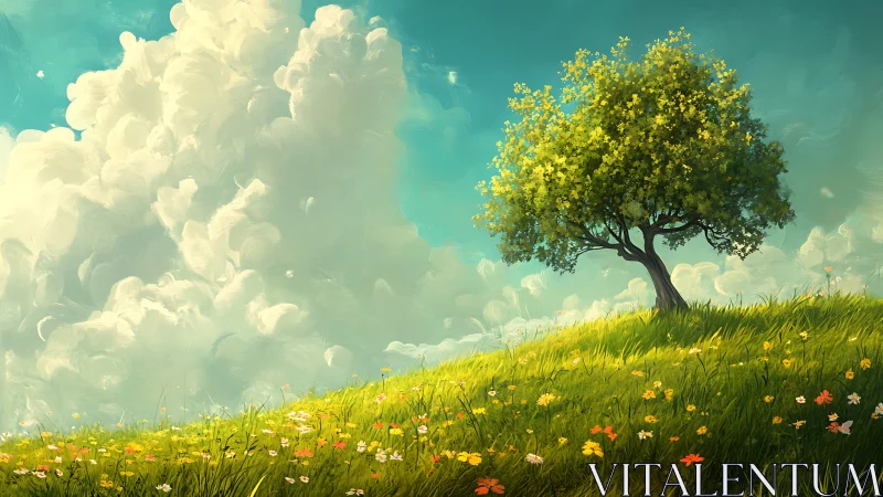 Solitary hilltop tree leans into clouds like a quiet dream