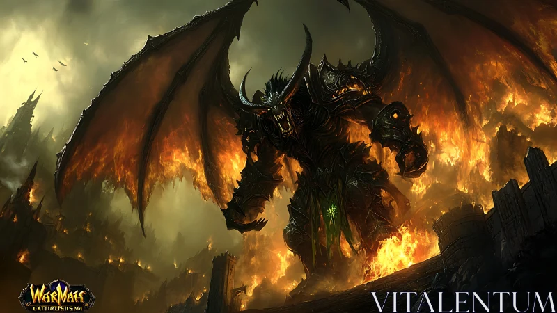 Towering demon erupts from fiery ruins in dramatic fantasy