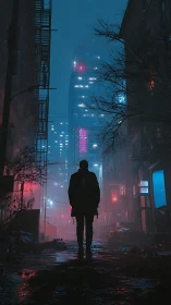 Backlit silhouette in neon-lit alley under dense urban snowfall