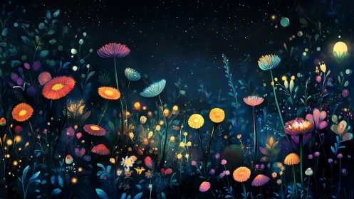 Enchanted Nocturnal Garden Blooms Under Starlit Sky